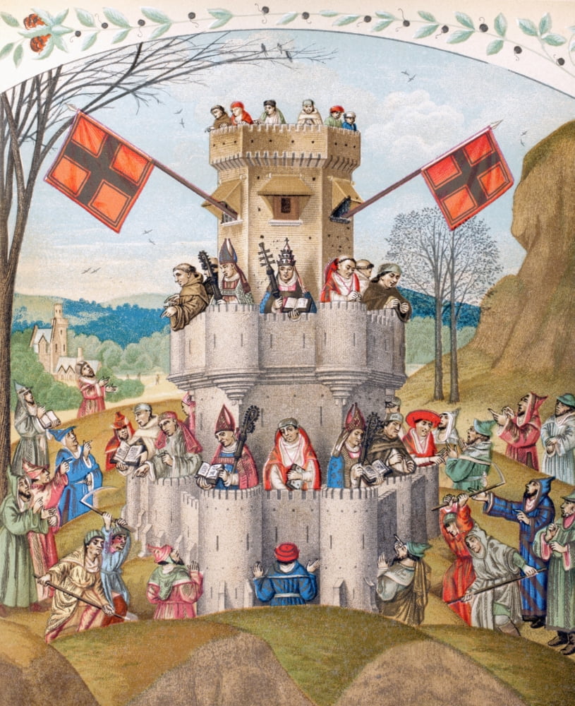 The Fortress Of The Faith Besieged By The Impious And The Heretics Is Defended By The Pope The Bishops The Monks And Doctors Of The Church Who Are The Chevaliers Of The Faith From A 15Th Century Minia