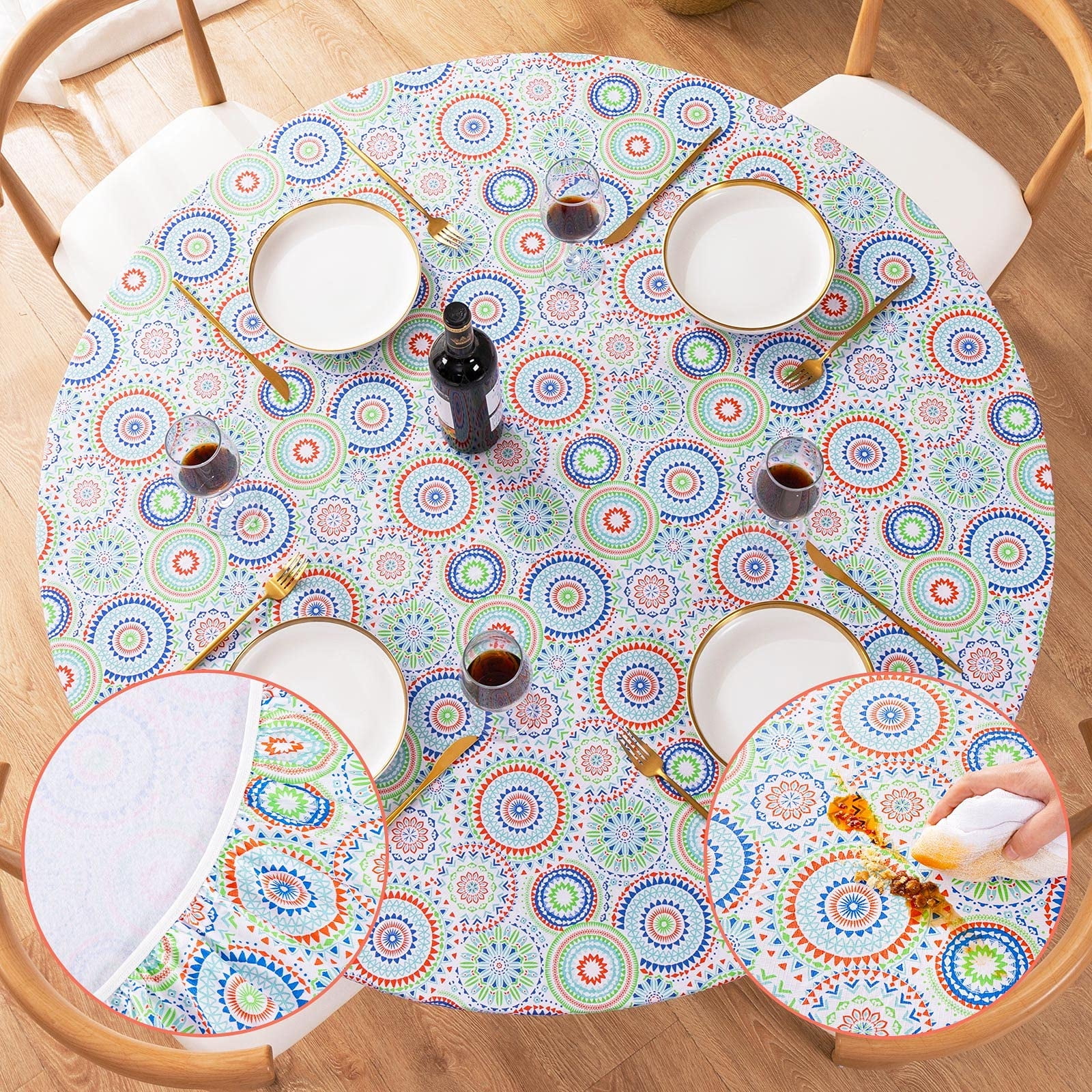 UMINEUX Round Fitted Vinyl Tablecloth with Elastic Edged & Flannel