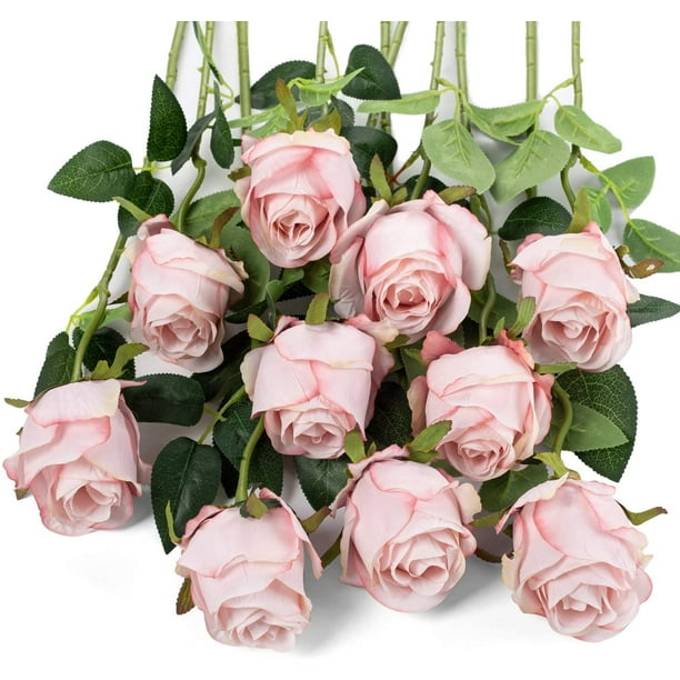 XmhyTop 10 rosas artificiales de tallo largo, rosas de seda falsas para ramo de boda, decoración del hogar (rosa claro)