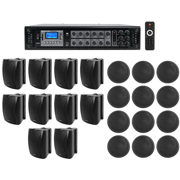 (10) 6.5" Black Wall (12) 6" Ceiling Speakers Commercial Amp 4 Restaurant/Office