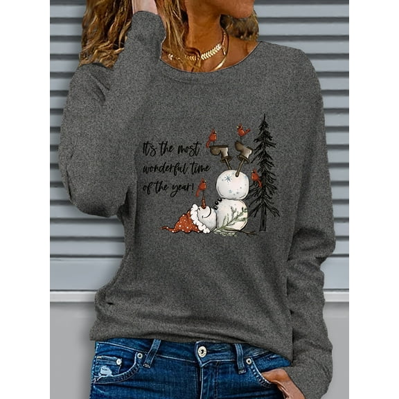 Women's Cozy Christmas Graphic Long Sleeve T-Shirt - "It's the Most Wonderful Time of the Year" Design, Gray Polyester Crew Neck Top for Fall/Winter Casual Wear, Christmas Shirts