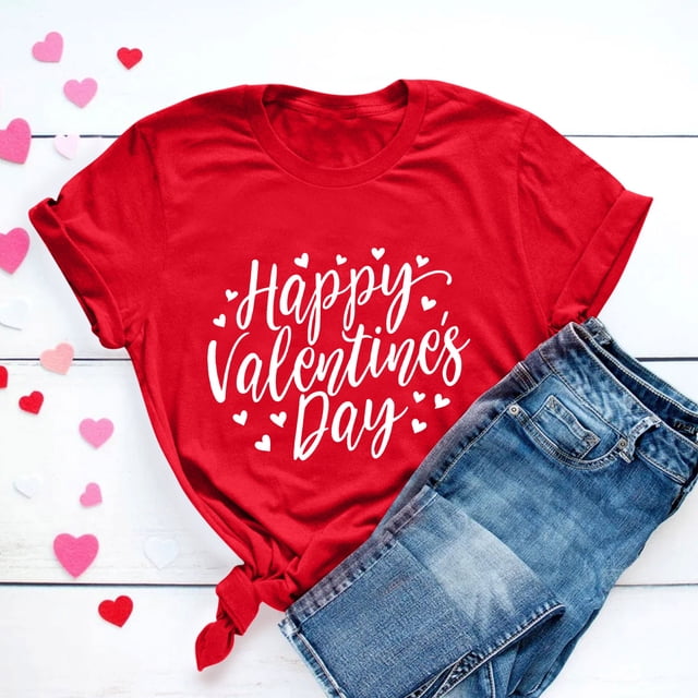 KIHOUT Hauts de Mode pour Femmes Saint-Valentin T-shirt à Manches Courtes Imprimé Amour Couleur Unie Haut à Manches Courtes Col Rond, Taille p-3TG
