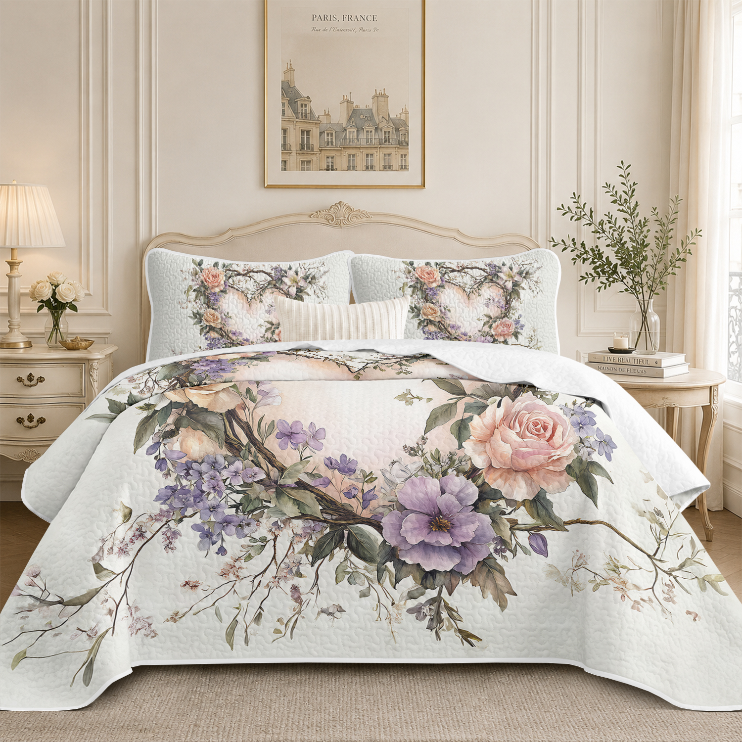 Flymme Bedspreads for Queen Size Bed,3 Pieces Romantic Floral Heart Wreath Pattern Queen Bed Set,Lightweight Summer Floral Quilt Set for Bedroom Decor
