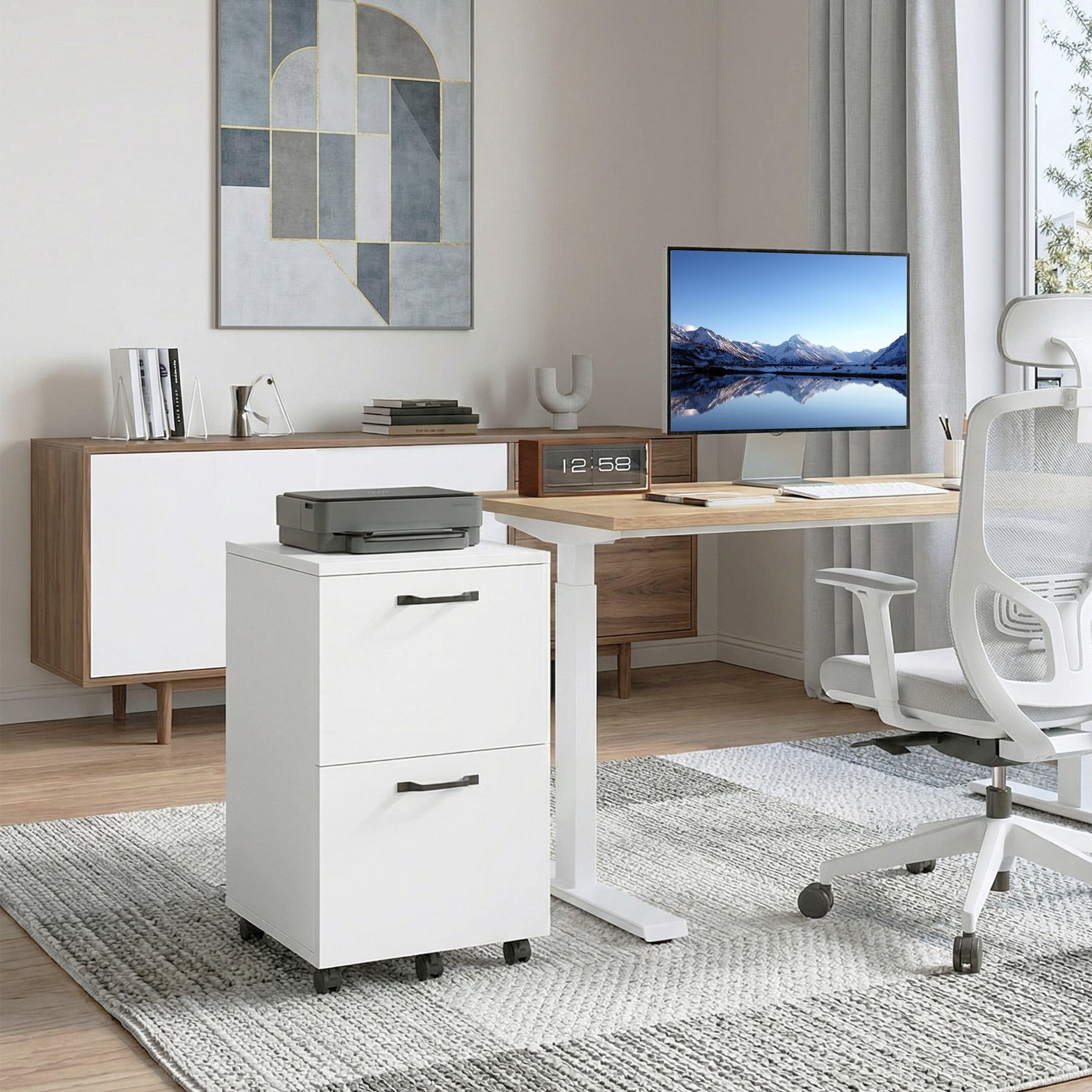 CONCETTA 2-Drawer Rolling File Cabinet with Lockable Wheels, Printer Stand with Storage for Home Office，White