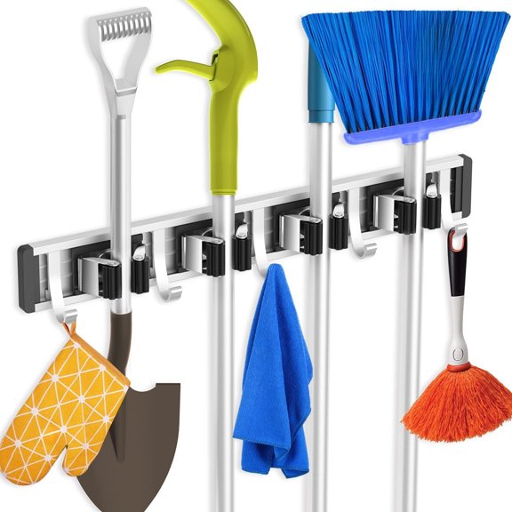 Adjustable Broom Holder Wall Mount, Mop Storage Tool Racks, Broom Hanger Tool Organizer for Garage, Kitchen, Garden, Laundry Room, 4 Racks 5 Hooks Silver