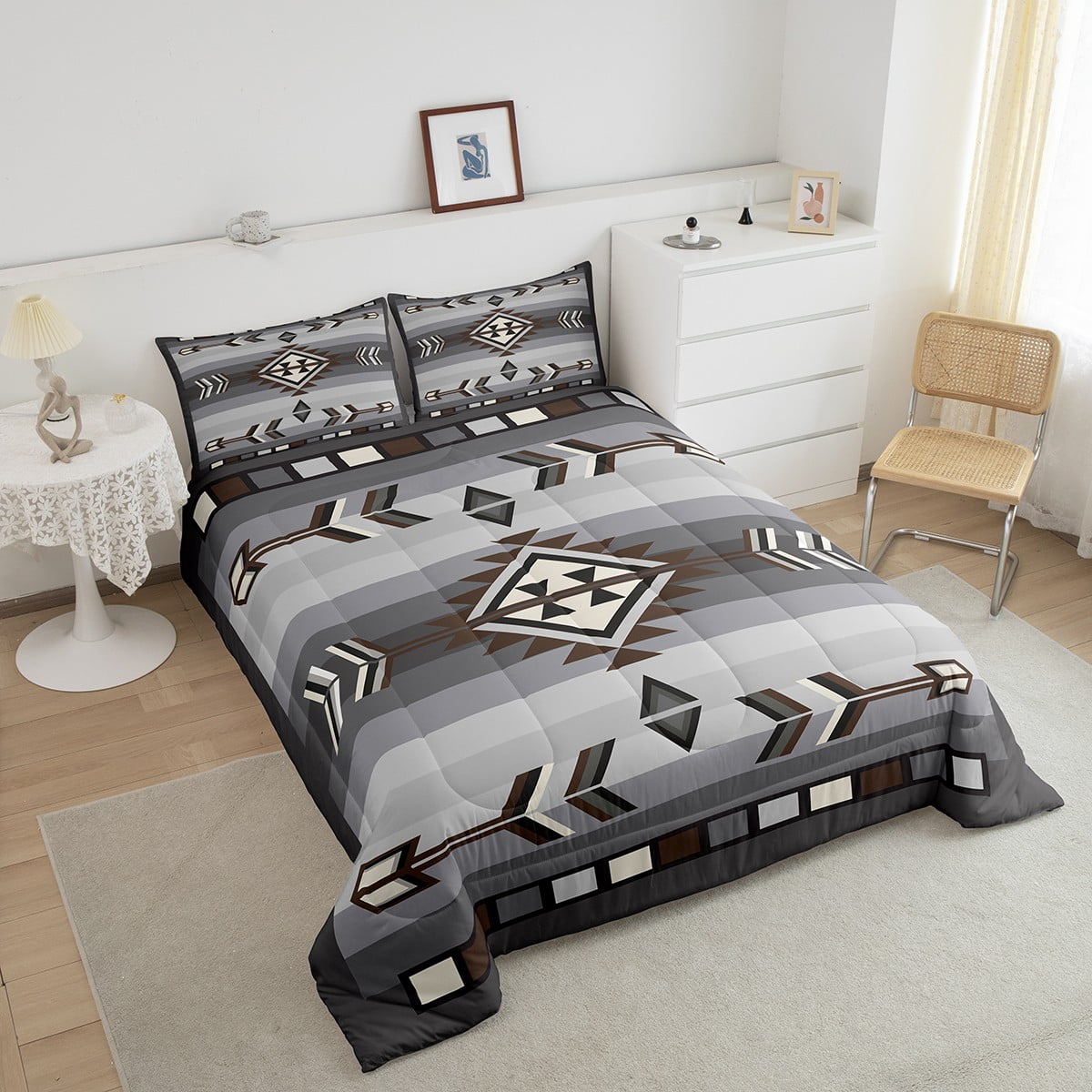 Rustic Western Queen Comforter Set American Southwestern Bedding Set For Boys Men Bohemian Aztec Quilt Bedding Sets Exotic Tribal Bed Set Brown Grey Farmhouse Decor 3 Pcs