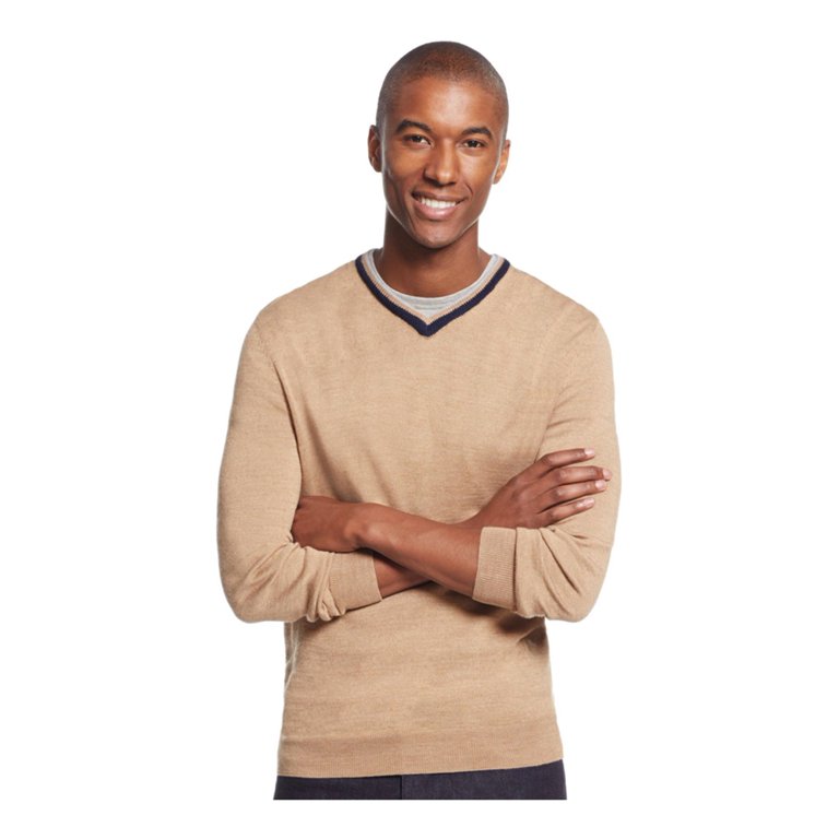 Club Room Mens Merino Wool V-Neck Pullover Sweater, Brown, Big 2X