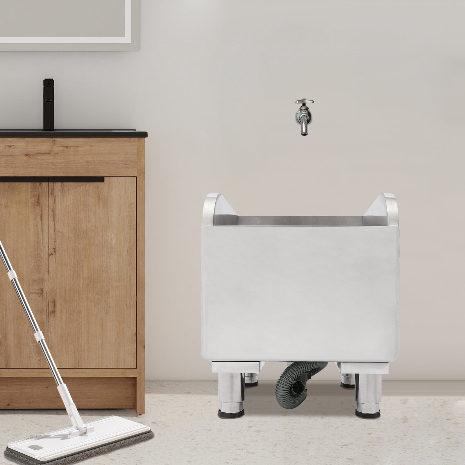 Stainless Steel Mop Sink, 45x41x50cm Utility Sink Laundry Tub with 10cm Legs, Freestanding Large Drain Basin for Cleaning