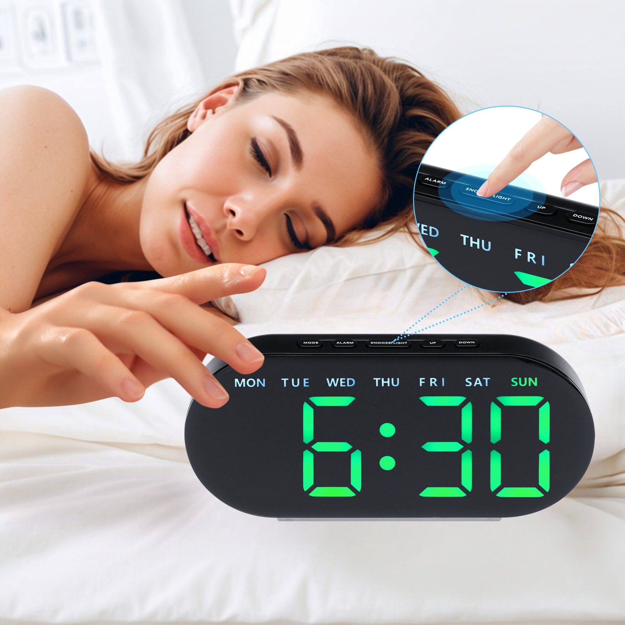 Unique Bargains 2 Pcs Oval Digital Alarm Clock Bedroom Black Green/Black Red