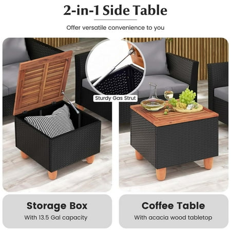 Costway 4 PCS Wicker Patio Furniture Set with Removable Cushions Storage Coffee Table - Gray,Black