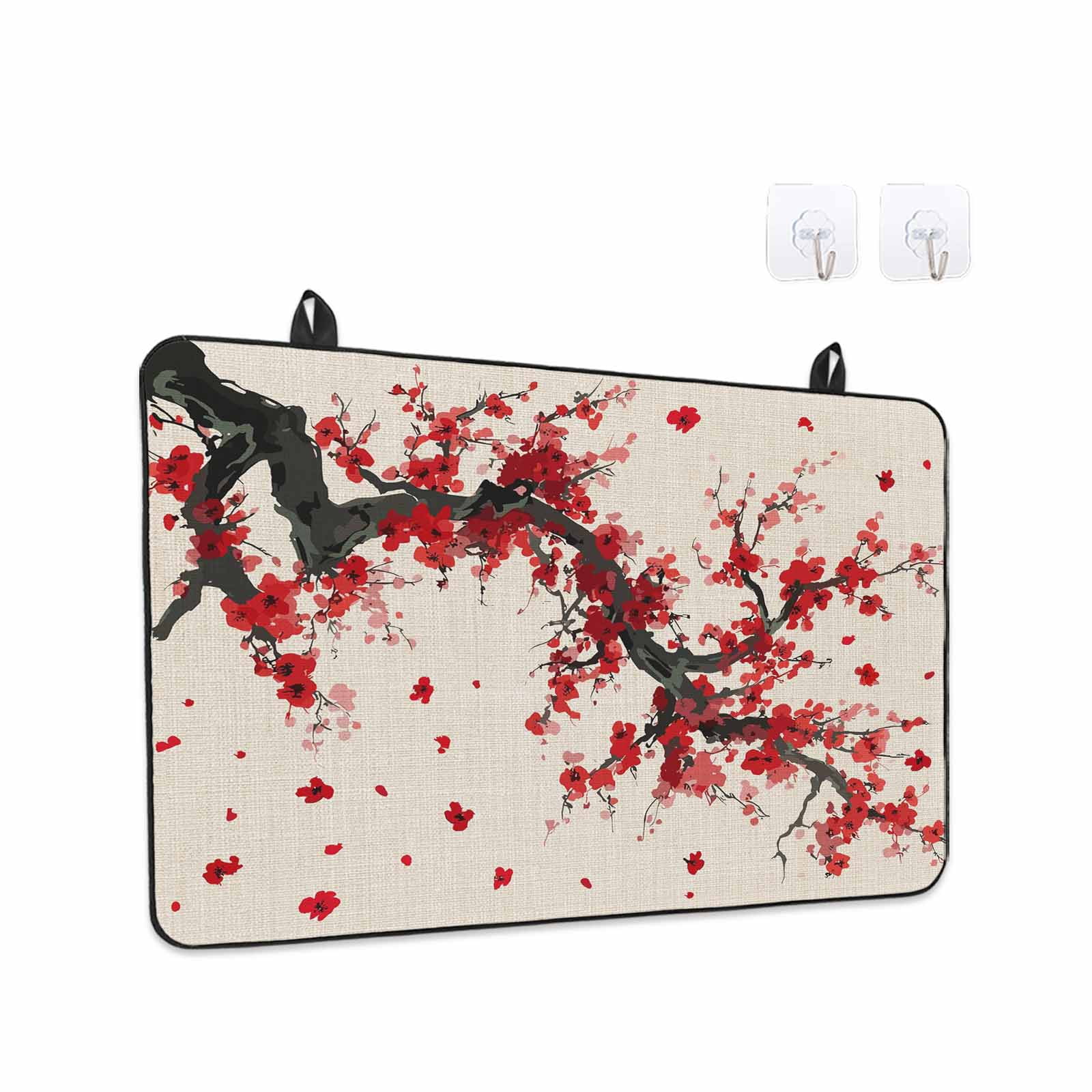 Red Flowers Stove Top Cover for Electric Stove, Heat-proof & Non Slip Glass Top Stove Cover Protector, Vintage Chinese Painting Plum Branches Kitchen Flat Cooktop Rubber Mat 24x21 Inches
