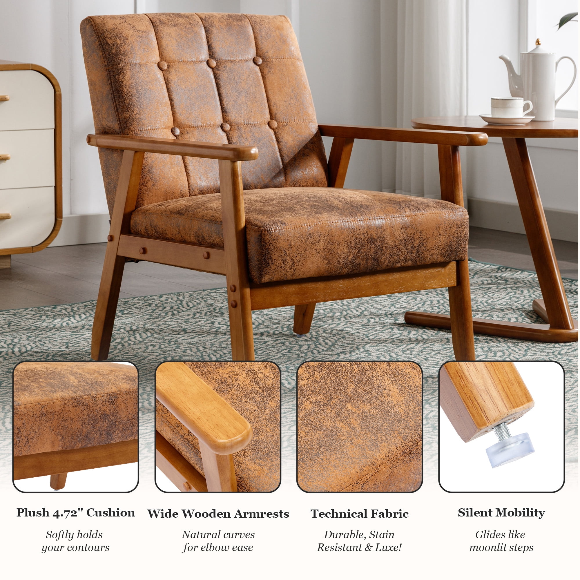 MOONMISS Mid Century Modern Arm Chair with Rubber Wood Frame, Accent Chair with Velvet Upholstery for Living Room Bedroom Reading Room, Easy Assembly,Coffee