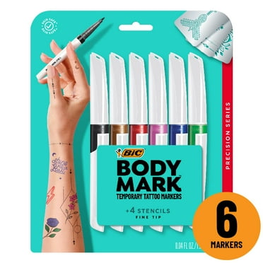 BodyMark Temporary Tattoo Markers, Precision Fine Tip, 6-Count Pack and Stencils