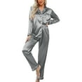thumbnail image 4 of Women's Classic Button Down Long Satin Silk Pajama Set couples matching pajamas, 4 of 5
