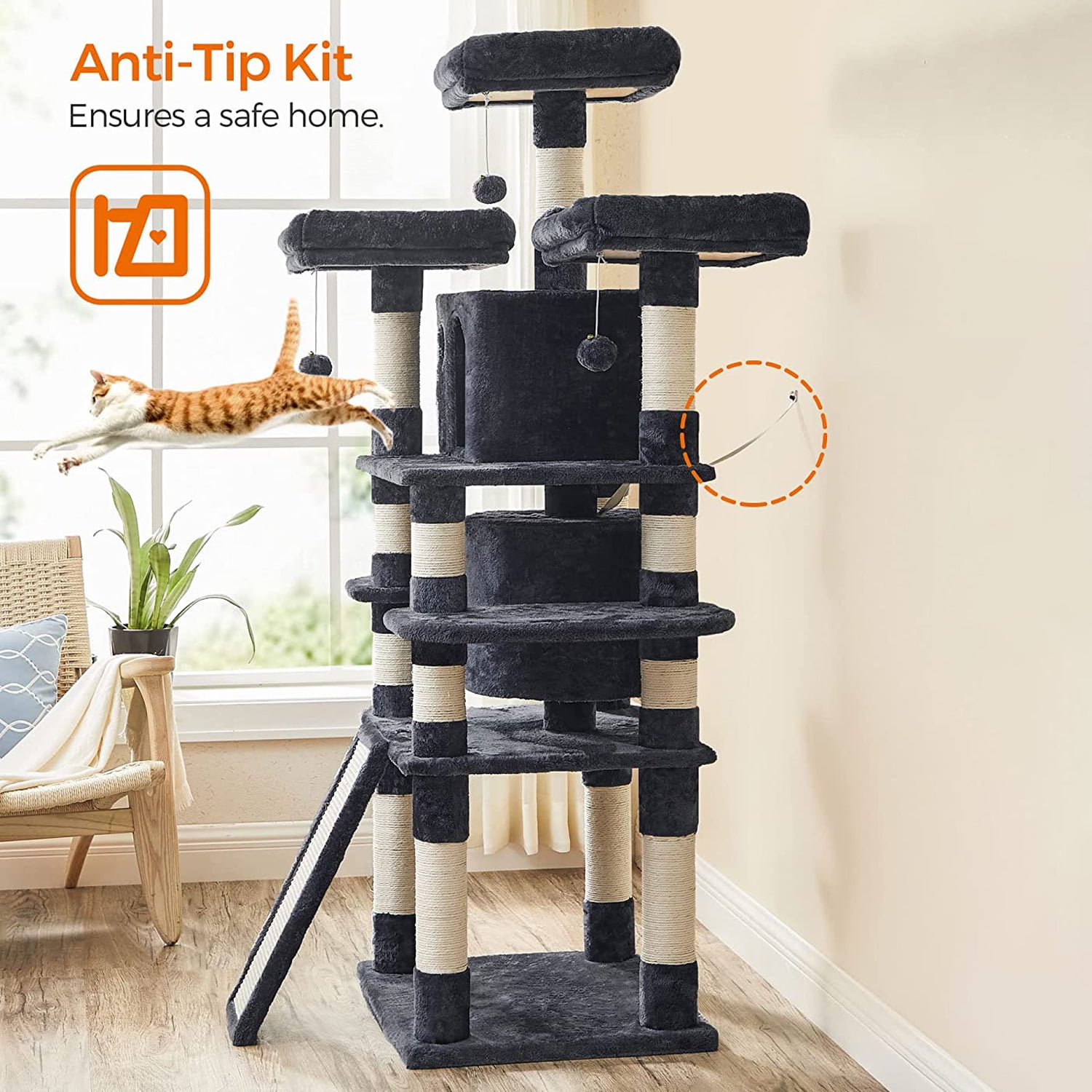 FEANDREA 67Inch MultiLevel Cat Tree For Large Cats, With