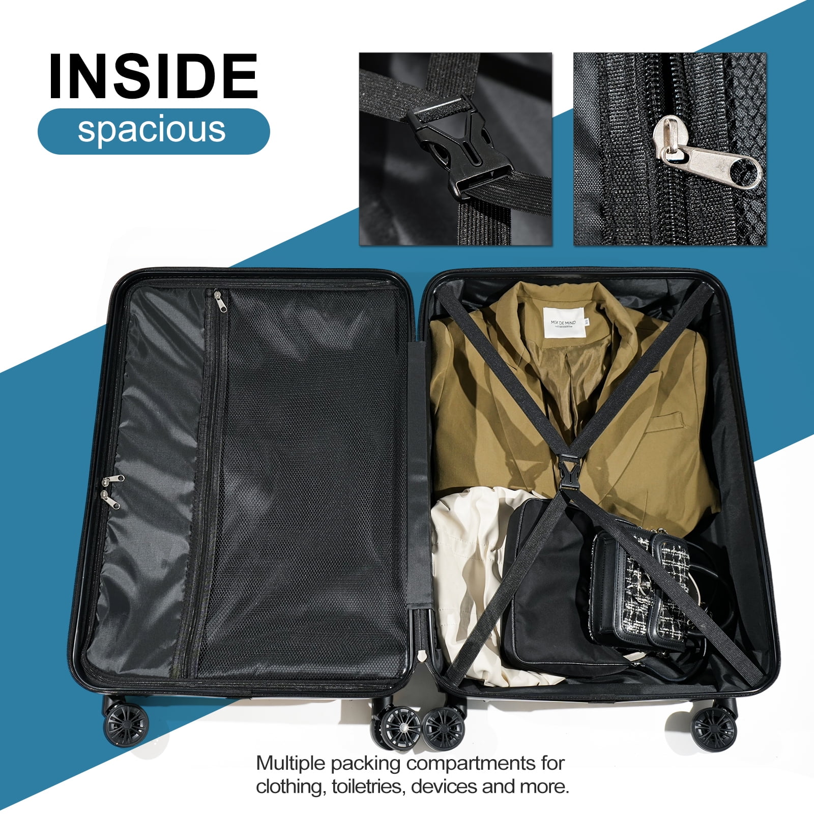 Tripcomp Luggage 3 Piece Set,Suitcase with Spinner Wheels Hardside Lightweight Luggage 20in24in28in.(Blue)