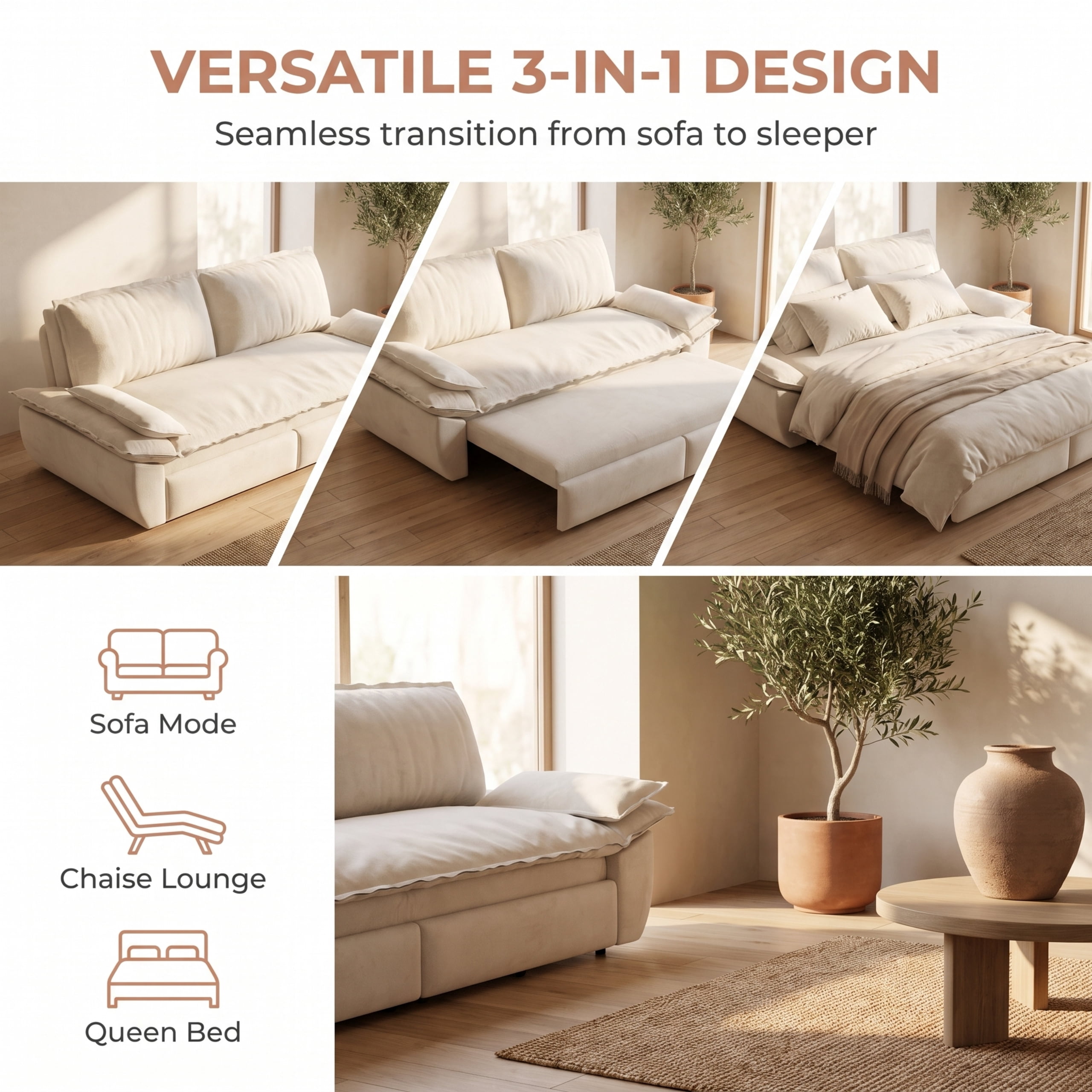 3-in-1 Queen Convertible Sleeper Sofa Bed, 73.2" Velvet Pull Out Couch with Extra Deep Seat & Pillow Top Armrests, Modern Folding Futon Lounge, Beige