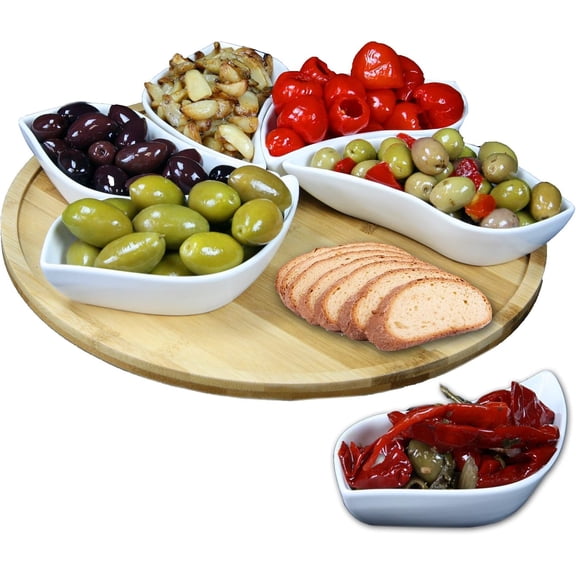 Elama Signature Modern 13.5 Inch 7-Piece Lazy Susan Appetizer and Condiment Server Set – 6 Stoneware Bowls and Bamboo Rotating Tray