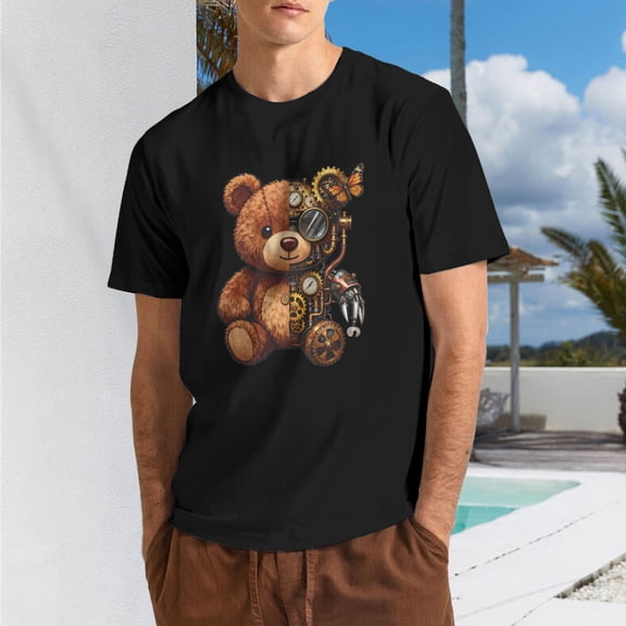 Men Vintage Steampunk Gear Butterfly Teddy Bear Graphic Crew Neck T-Shirt, Retro Machinery Plush Bear Poly Cotton Casual Short Sleeve Tee