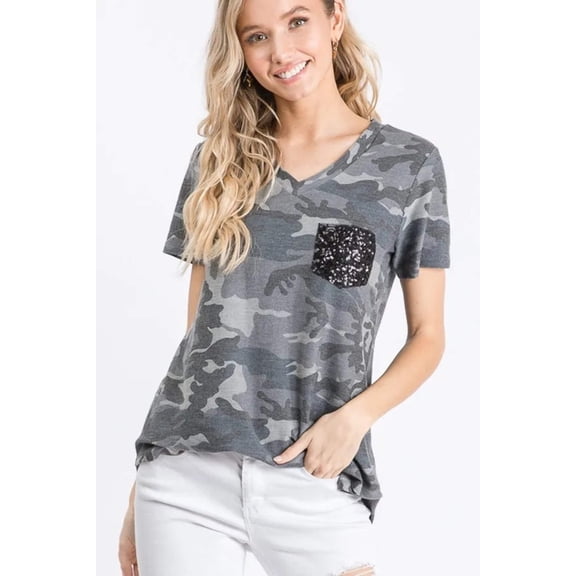Camo V Neck Full Black Glitter Pocket