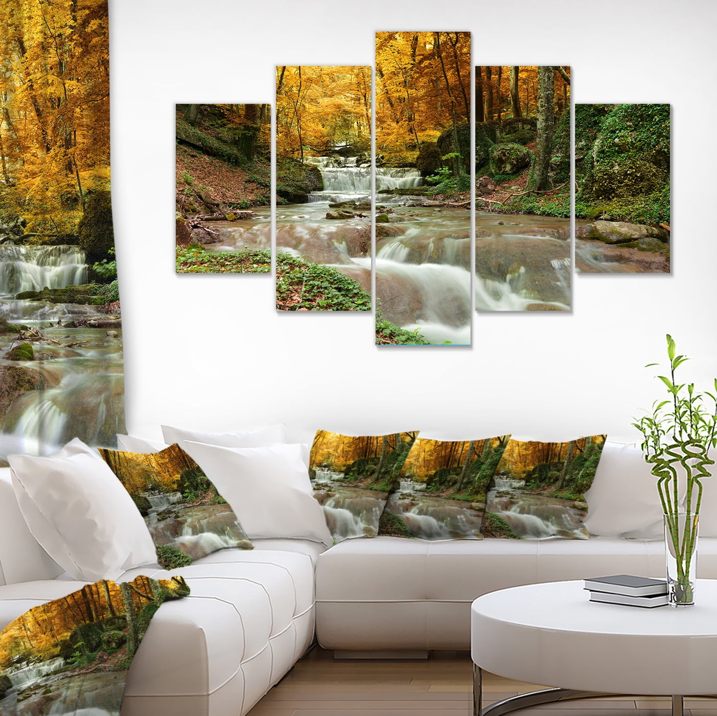 Designart 'Forest Waterfall with Yellow Trees ' Landscape Canvas Art Print