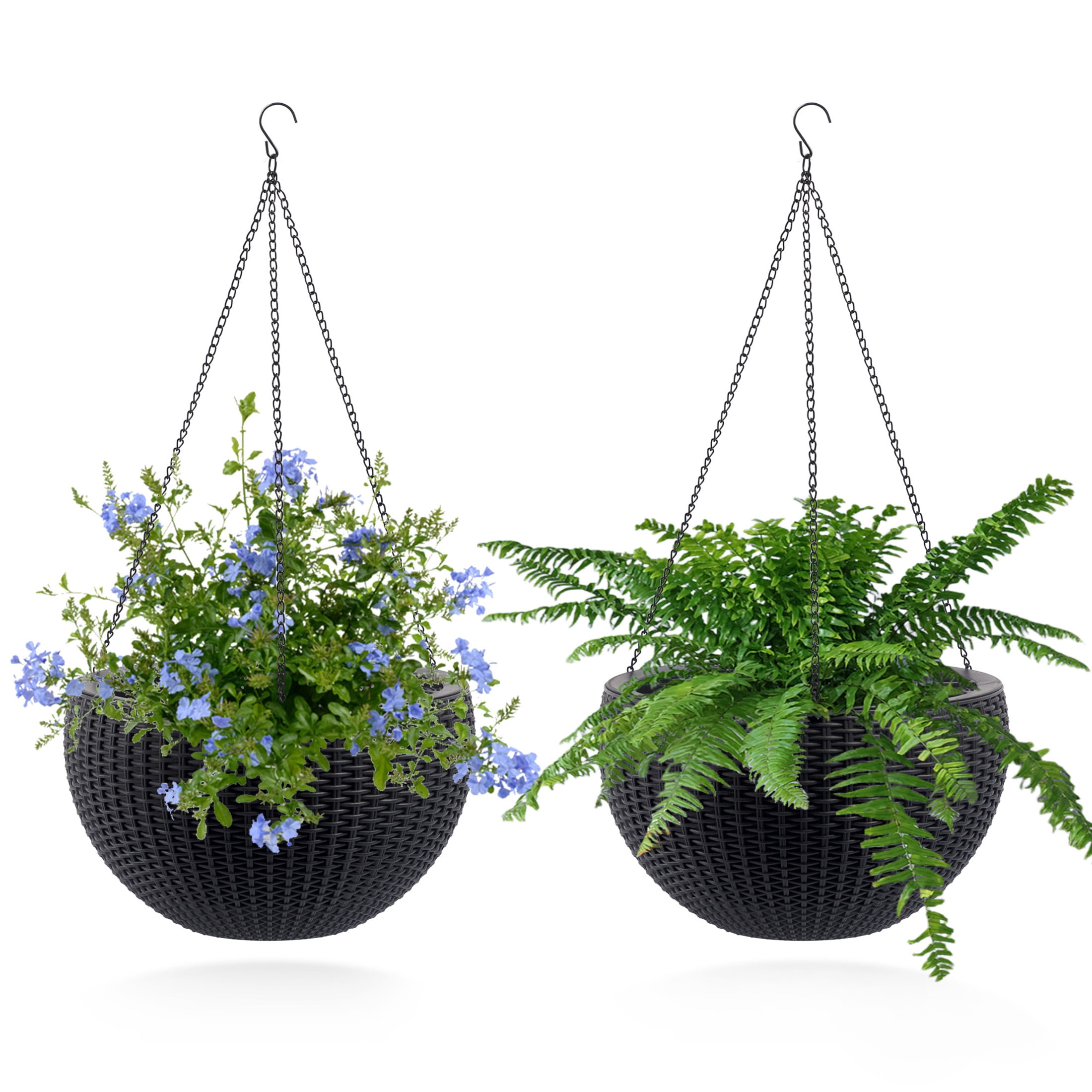 Noble House 2 Pack 13.4" Self-Watering Hanging Planters, Rattan-Style Flower Pots, Black