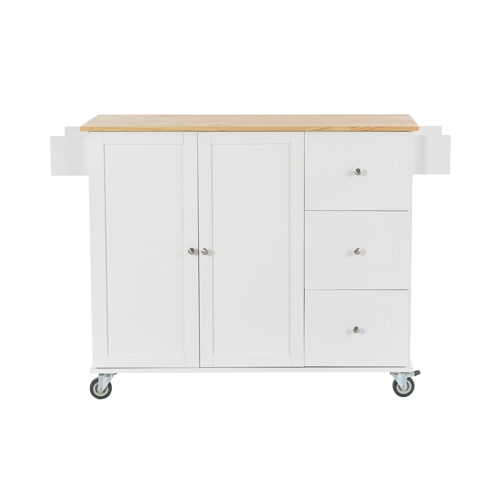 Kitchen Island Cart with Drop-Leaf Tabletop and Locking Wheels, 52.7" Large Kitchen Trolley Cart with 2 Door Cabinet and 3 Storage Drawers, Spice Rack Towel Rack, Rolling Kitchen Island Cart, White