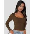 thumbnail image 4 of Female Long Sleeve Crop Top Square Neck Going Out Tops Cute Ribbed Knit Bow-Knot Lace Patchwork T Shirts Coffee L, 4 of 8