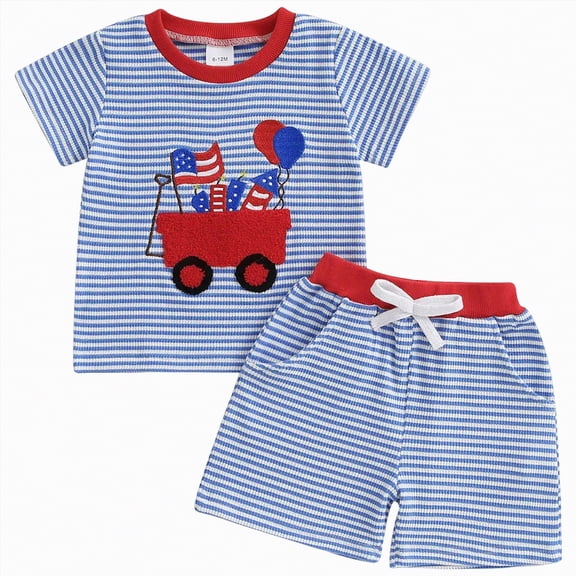 kpoplk Little Boy 2 Piece Play Clothes Set Short Sleeve T-Shirt and Shorts Dinosaur Truck Print Outfits(Blue,0-6 M)