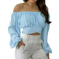 thumbnail image 2 of WNEGSTG Womens Blouses and Tops Dressy Women Cute Off Shoulder Ruched Tie Back Crop Top Summer Lantern Sleeve Boho Trendy Blouse, 2 of 8