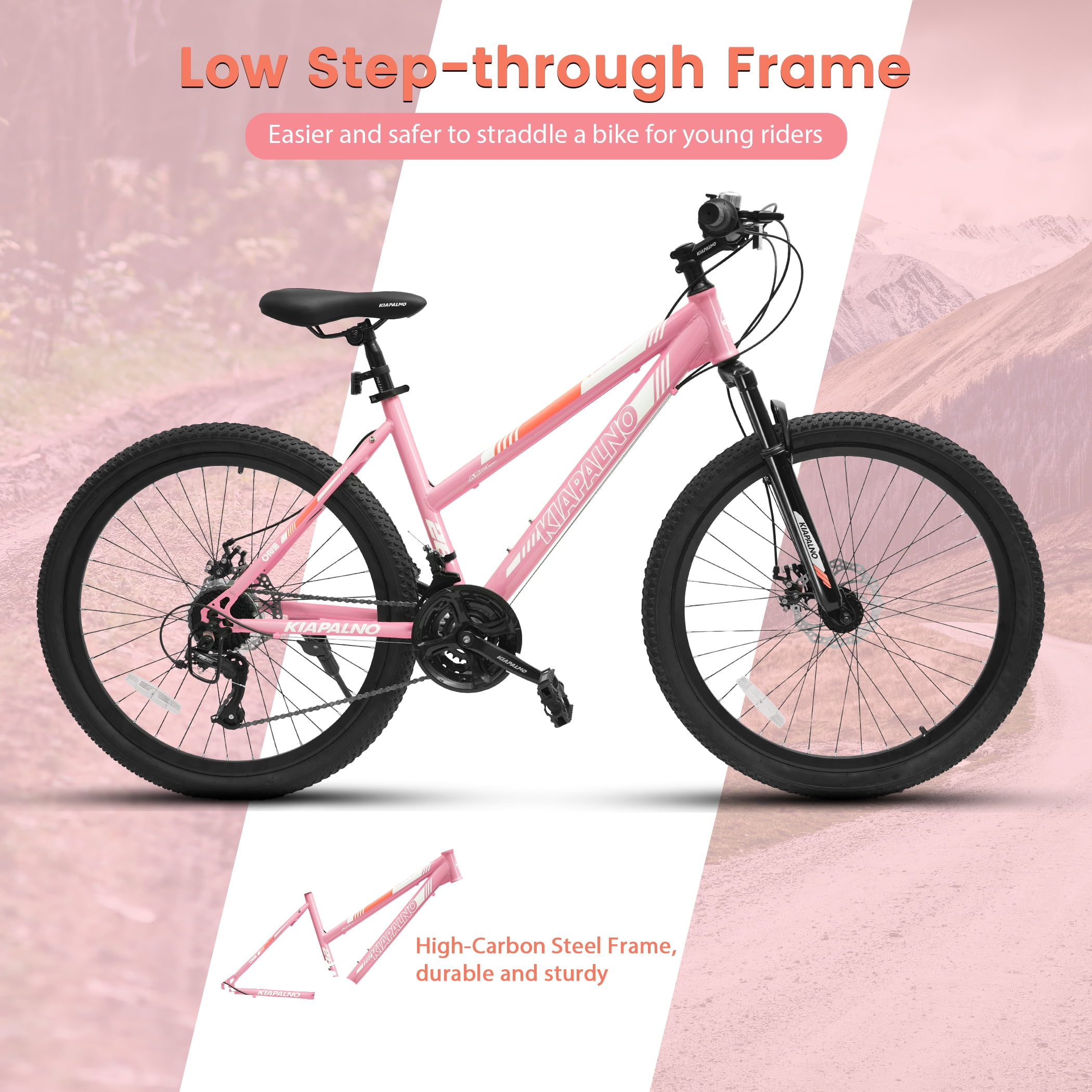 Ecarpat 24 Inch Mountain Bike, Disc Brakes 21 Speeds Women Mens Bike, Steel Frame and Suspension Fork, Adult and Teens Sport Bicycle for Urban Trail Snow Commuter Pink