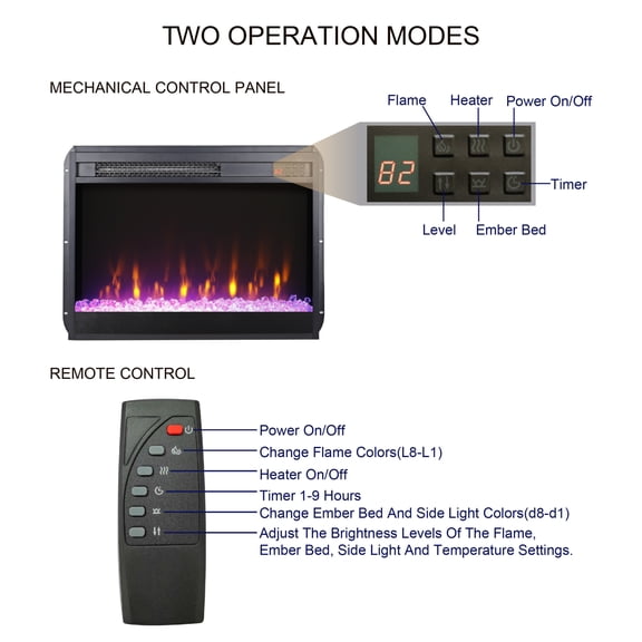 Miekor Furniture 23 inch electric fireplace insert, ultra thin heater with crystal & realistic flame, remote control with timer, overheating protection,with side light BS7247