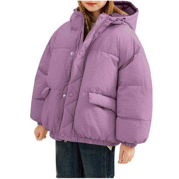 ShomPort 3-13 Years Puffer Jackets for Children Elastic Cuff Solid Color Down Coat with Hooded Casual Cozy Soft Winter Outwear