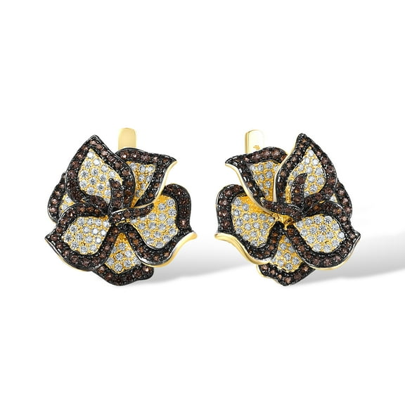 Santuzza 925 Sterling Silver Brown Gemstone Peony Earrings Brown Spinel Cubic Zirconia Flower Dangle Earrings for Women