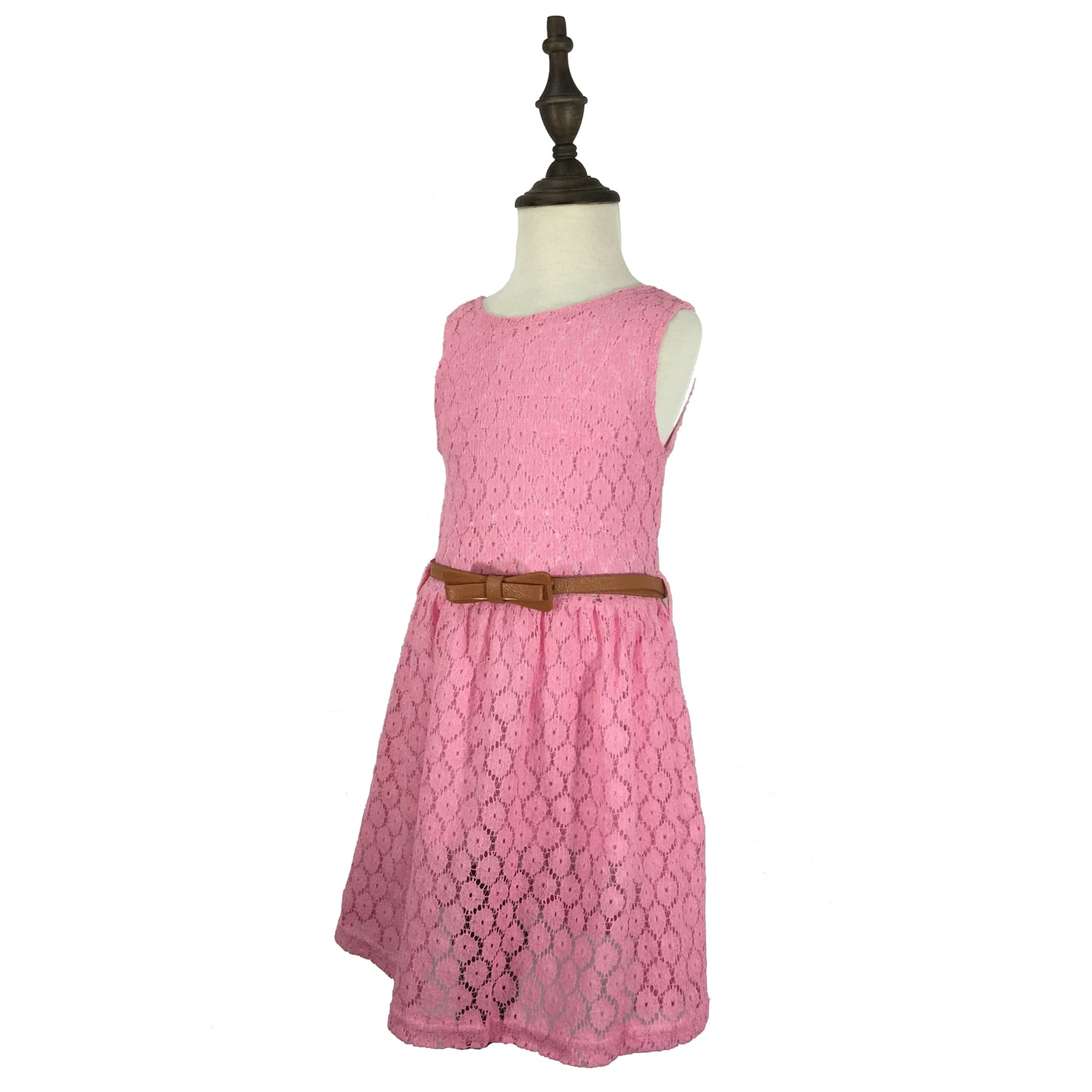 K-Cliffs Little Girls Sleeveless Lace Dress Lace Skirt with Belt, Pink 120