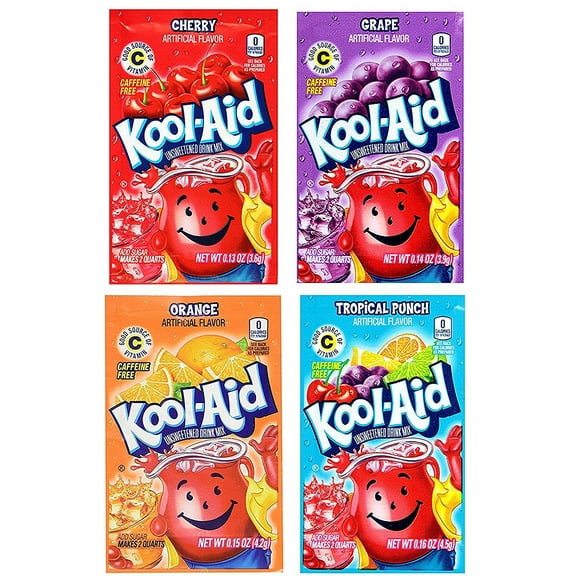 Kool-Aid Unsweetened Drink Mix Packets, Assorted Flavors - Tropical Punch, Orange, Cherry, Grape, 96 Packets
