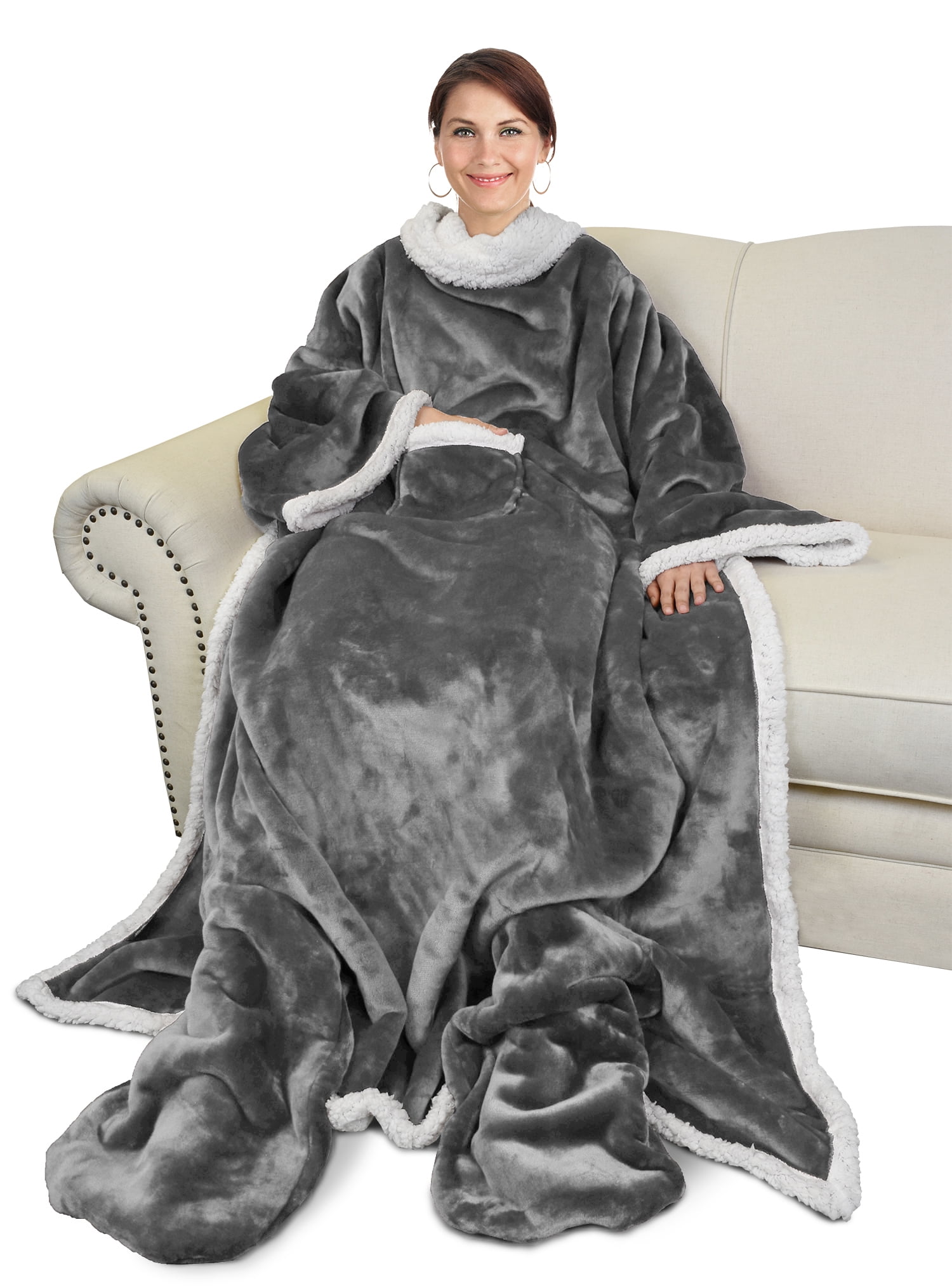 Sherpa Wearable Blanket with Sleeves  Foot Pockets for Adult Women Men,  Comfy Snuggle Wrap Sleeved Throw Blanket Robe, Gift Idea, Grey - Walmart.com