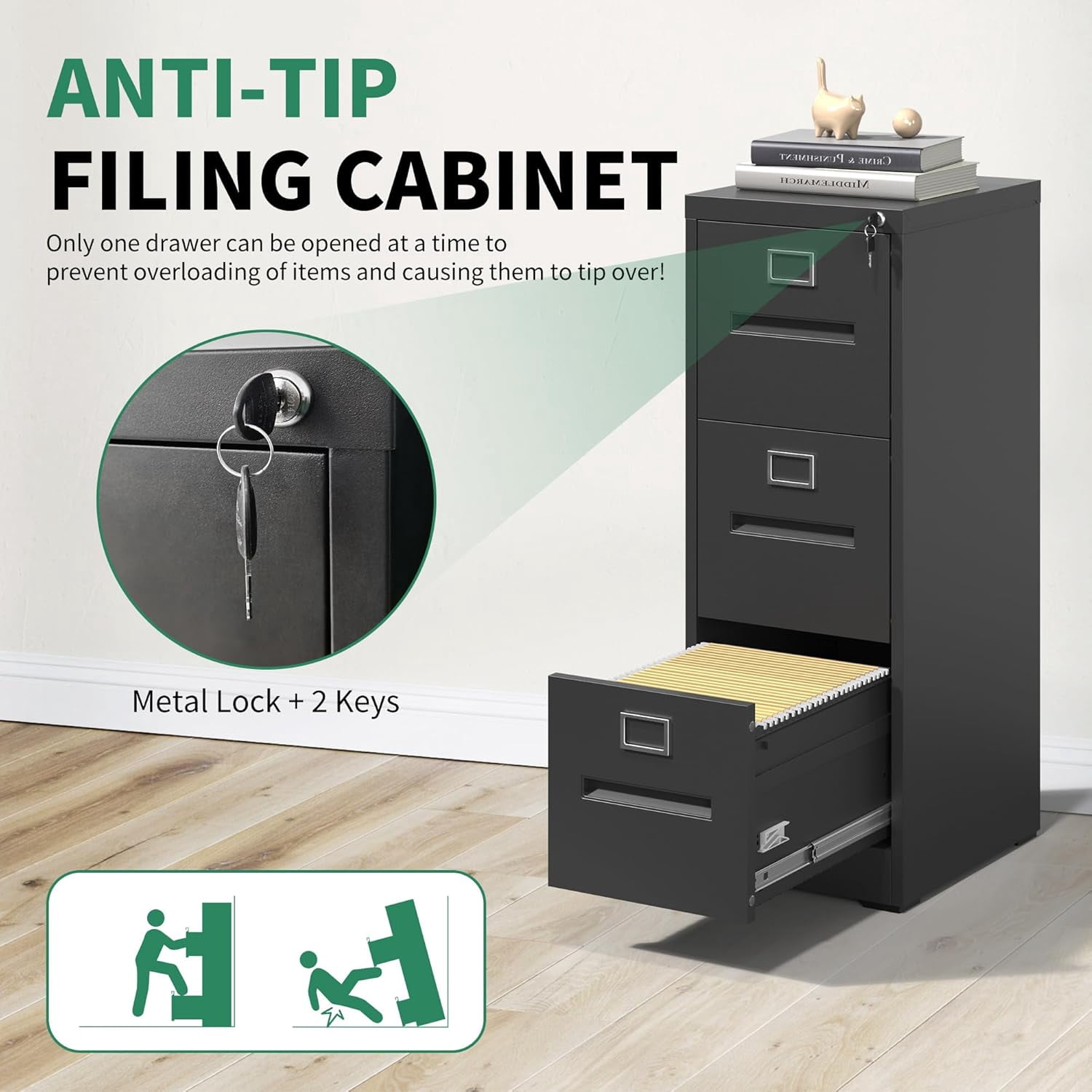 IKIMI Black Metal File Cabinet with 3 Drawer,Vertical File Cabinet with Lock for A4/Letter/Legal Size Files,Steel Filing Cabinets for Home Office,Assembly Required