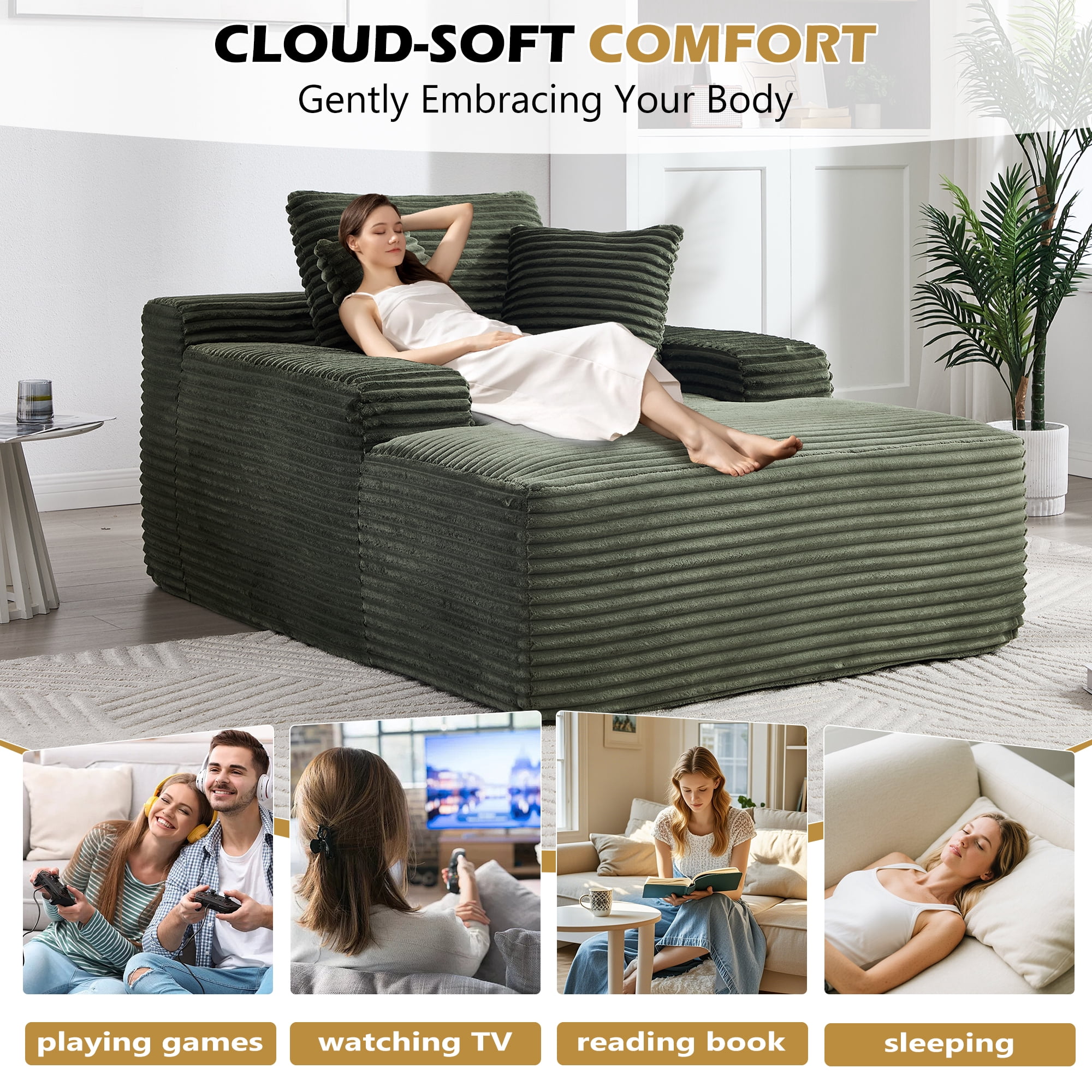 Gewnee Oversized Corduroy Sofa Bed, No Assembly Required, Sturdy & Durable, Equipped with 3 Soft Pillows, Ideal for Living Room，Green