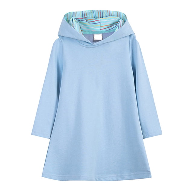 FAOWME Hooded Sweatshirt Dress For Girls Solid Color School Dress For Summer Blue 5-6 Years