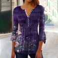 thumbnail image 2 of Htigea 3/4 Sleeve T Shirts for Women Floral Printed Buttons Pleated Casual Tunic Top Blouse Loose Fit Tees Purple,XL, 2 of 5