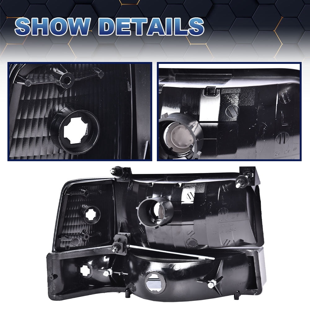 PIT66 Halogen Headlights Smoke Lens Black Housing Clear Reflector, Fit for 92-96 Ford F150/250/350 Bronco