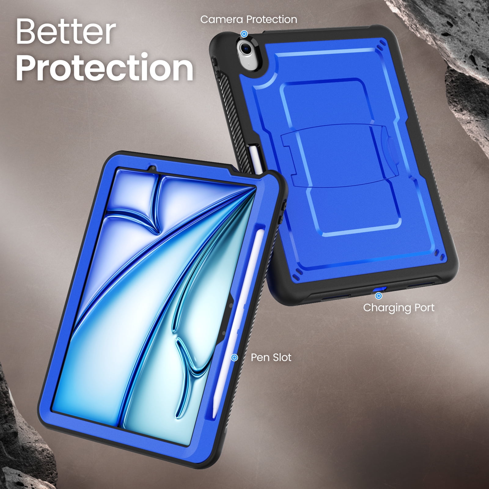 ELEHOLD Rugged Case with Pencil Holder For iPad Air 11-inch M3 (2025) / M2 (2024), Built-in Kickstand Double-Layer Protection Full-Body Shockproof Cover For Apple iPad Air 11 (2025/2024),Blue