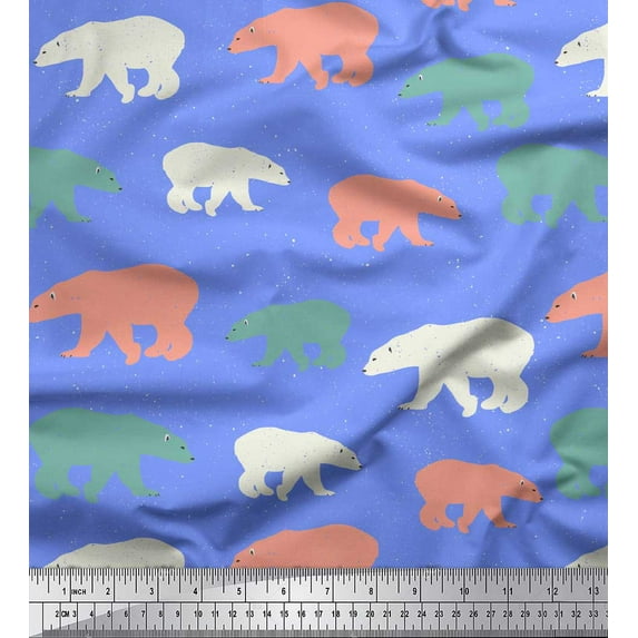Soimoi Blue Rayon Crepe Fabric Colorful Polar Bear Animal Printed Craft Fabric by the Yard 46 Inch Wide