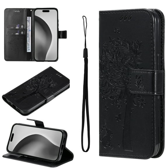 Compatible with Samsung Galaxy S25 Plus Case Wallet Case with Kickstand Credit Card Holder Slots Cute Cat Butterfly & Tree Embossed Premium PU Leather Protective Phone Case with Wrist Strap,Black