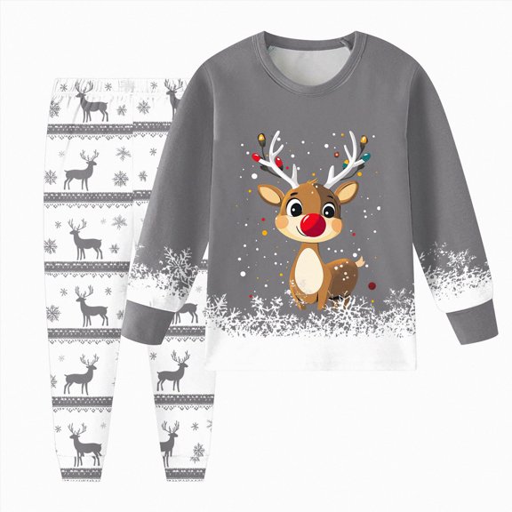 ORT Girls Boys Christmas Cartoon Pajamas Cute Soft Long Sleeve Xmas Graphic Nighty PJS 2PCS Sleepwear Set