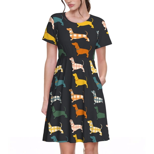 Disketp Plaid Dachshund para Vestido de Manga Corta para Mujeres, Vestidos de Verano para Mujeres, Casual y Holgado para la Playa