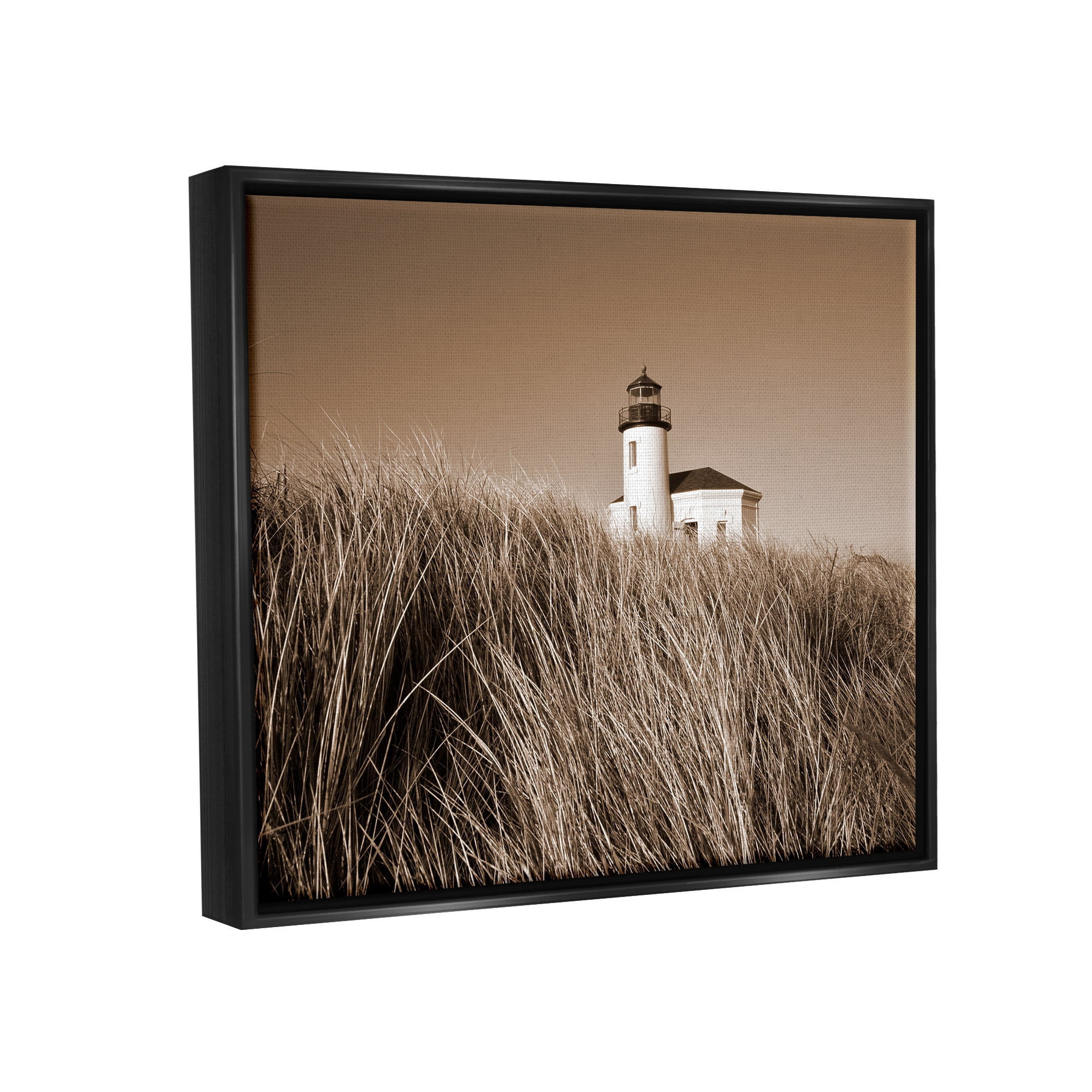 Stupell Industries Seaside Lighthouse Beach Grasses Photography Coastal Photography Black Floater Framed Art Print Wall Art
