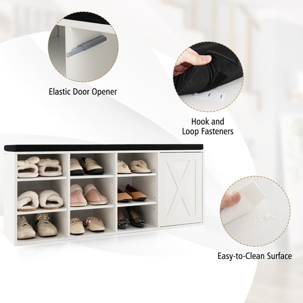 Resenkos 9-cube Shoe Bench with Adjustable Shelves and Removable Padded Cushion-White, Space-Saving Shoe Rack Organizer for Closet Entryway