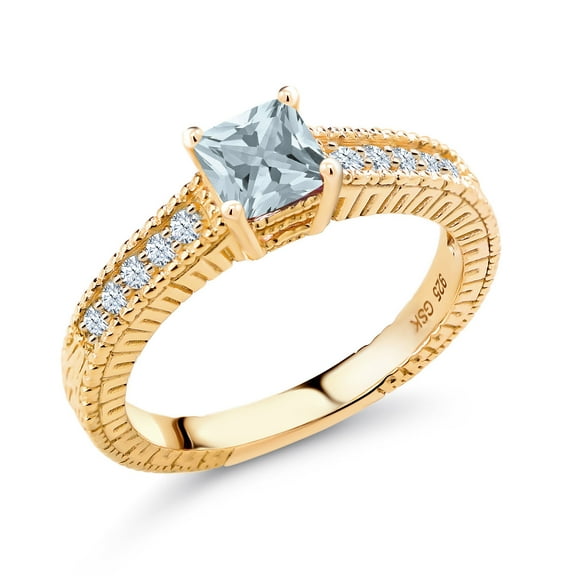 Gem Stone King 0.65 Ct Princess Cut Sky Blue Aquamarine White Created Sapphire 18K Yellow Gold Plated Silver Ring (Size 5)
